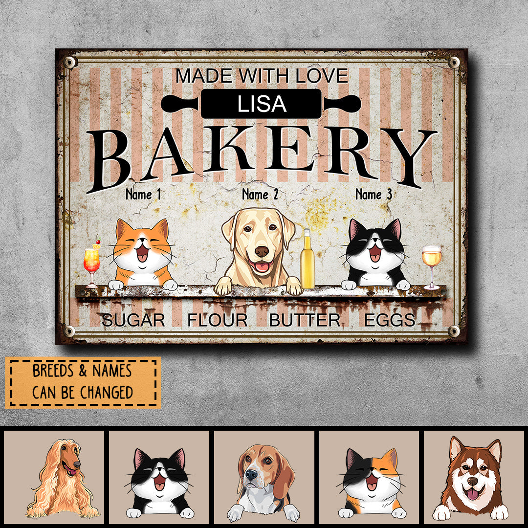 Metal Bakery Sign, Gifts For Pet Lovers, Made With Love Sugar Flour Butter Eggs Personalized Metal Signs